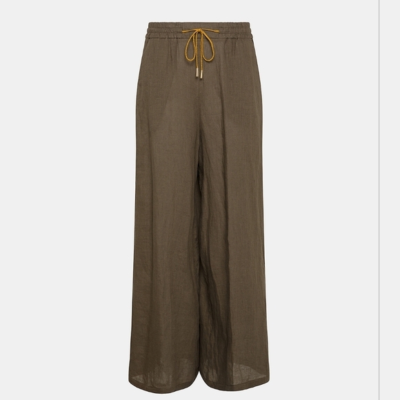 Momoni Neutral Army Green 100% Linen Wide Leg Pull On Pants - Picture 1 of 15